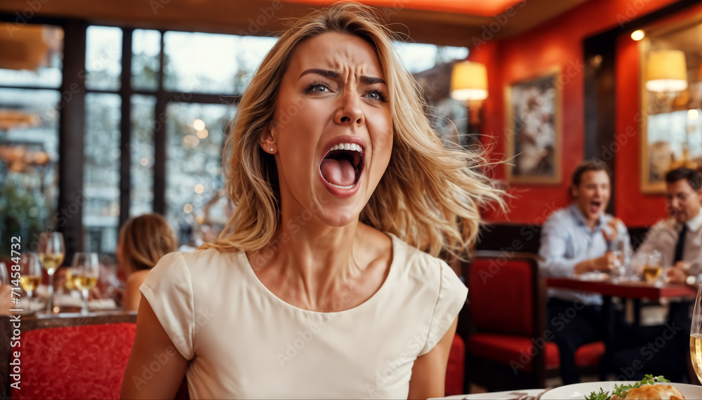 woman shouts aggressively in a restaurant - obrazy, fototapety, plakaty 
