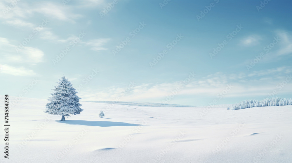 A single snow-covered fir tree stands out in a tranquil, snowy winter landscape under a blue sky. A single snow-covered fir tree stands out in a tranquil, snowy winter landscape under a blue sky.