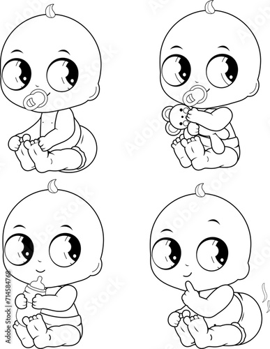 Cute baby boy and girl. Babies drinking milk, playing, sitting and having a dirty diaper. Vector black and white coloring page.