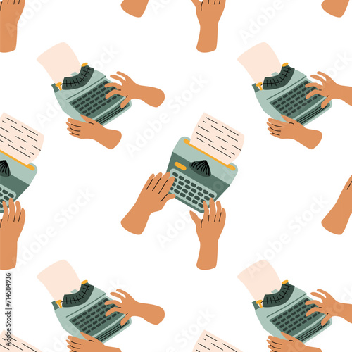 human hand writing on typewrite, author background. Vector illustration isolated. Cartoon seamless pattern with typing hands on old typewriter, vintage background. 