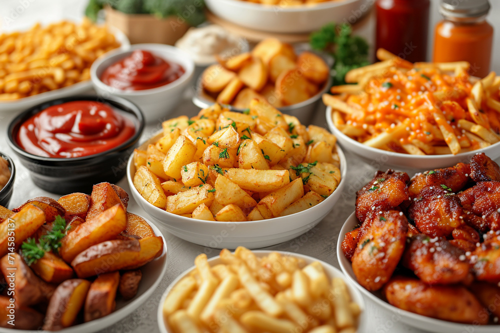 Savor a potato feast in this AI-crafted image. Fries, baked potatoes, and hash browns on a white backdrop, each with a sauce bottle, promise deliciousness. Savor a potato feast in this AI-crafted image. Fries, baked potatoes, and hash browns on a white backdrop, each with a sauce bottle, promise deliciousness.