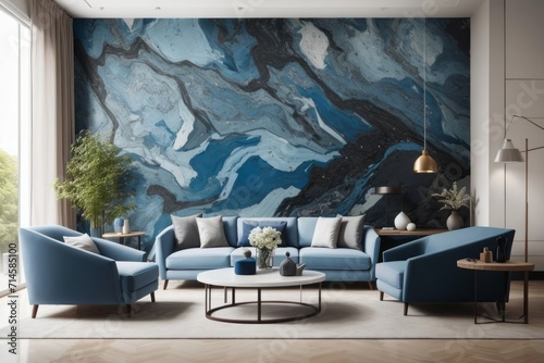 Interior home design of modern living room with blue sofa and round table with abstract granite wall mural