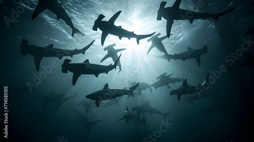 hammerhead sharks silhouette with rays of light underwater photo