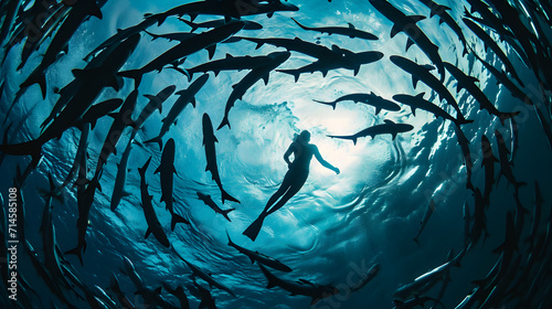underwater silhouette shot of sharks circling swimmer