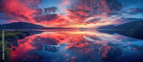 Stunning red and blue sky reflections on a peaceful lake at sunset.
