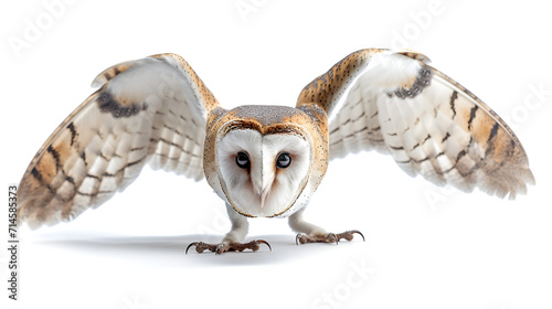 Barn Owl, Tyto alba, 4 months old, portrait flying against white background copy space . generative ai