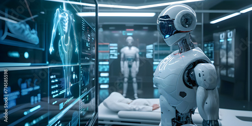 futuristic healthcare concept with humanoid diagnostic medical robot viewing charts on virtual screen