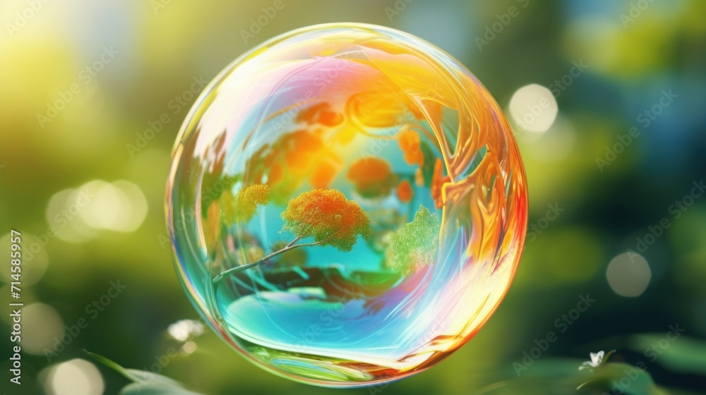 A single soap bubble floating with a vibrant reflection of flowers and sky, creating a magical atmosphere. A single soap bubble floating with a vibrant reflection of flowers and sky, creating a magical atmosphere.