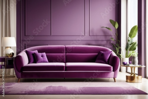 Interior home design of modern living room with purple velvet sofa and ornamental plants with purple wall near the window