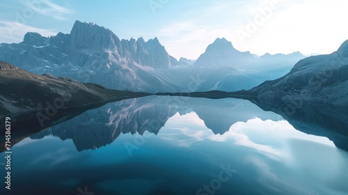  a mountain range is reflected in the still water of a lake in the middle of a mountain range, with a blue sky and clouds reflected in the foreground. © Olga