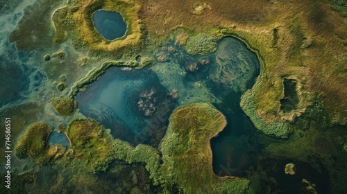  an aerial view of a body of water surrounded by lush green land and a large body of water in the middle of the picture is a large body of water. © Olga