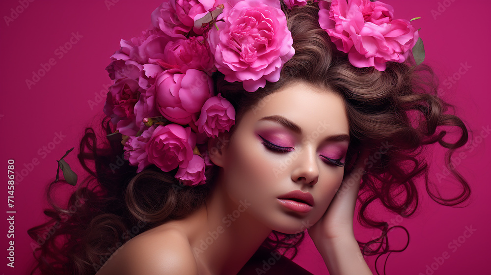 girl with delicate flowers in hair and fashion fuchsia with flowers