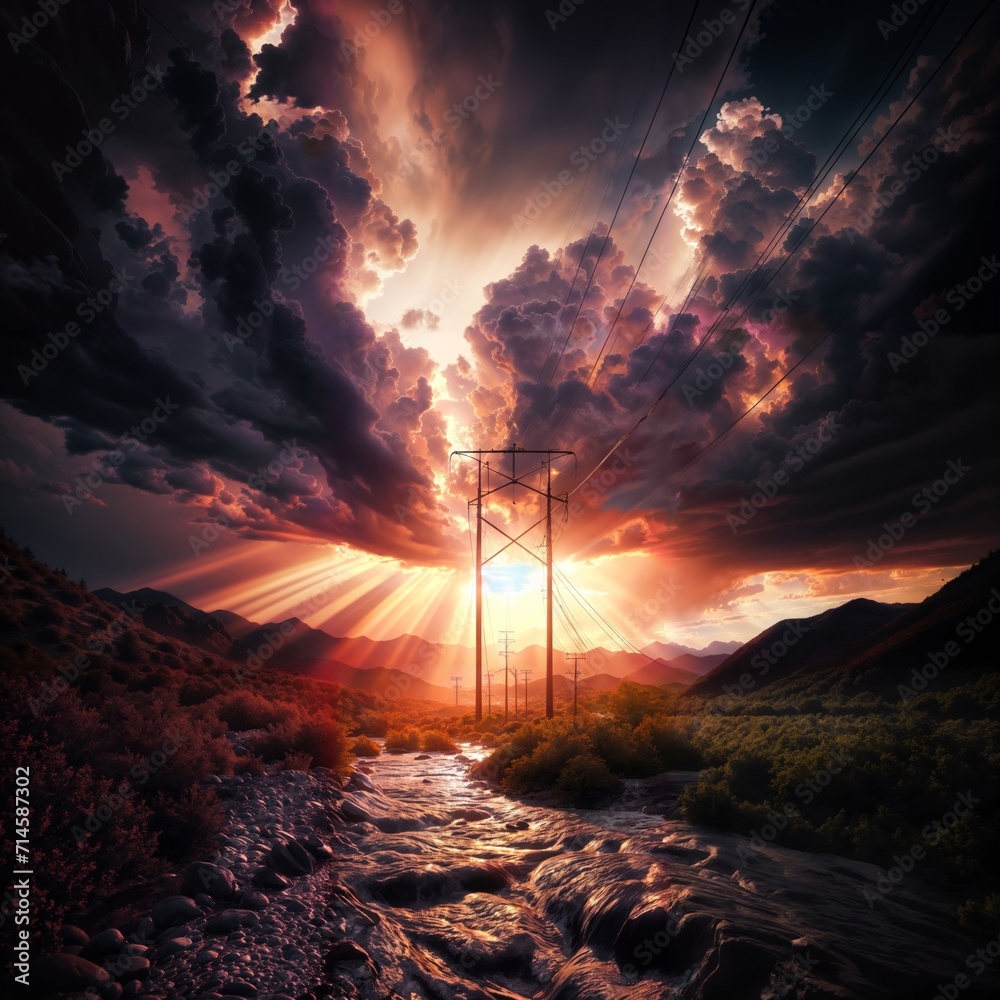 High voltage power lines in the mountains at sunset. 3d render Stock ...