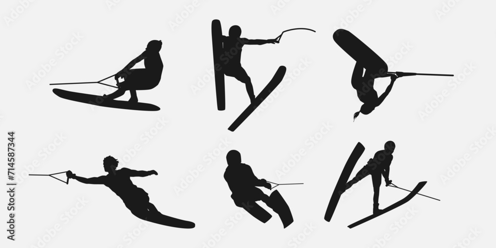 Water ski vector set silhouettes. Isolated on white background, Water sport, summer. Vector illustration. - obrazy, fototapety, plakaty 