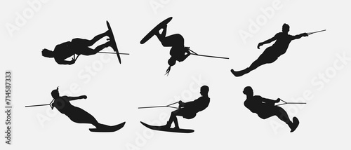 Water ski vector set silhouettes. Isolated on white background, Water sport, summer. Vector illustration.