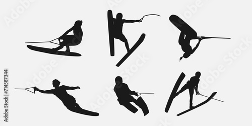 Water ski vector set silhouettes. Isolated on white background, Water sport, summer. Vector illustration. photo