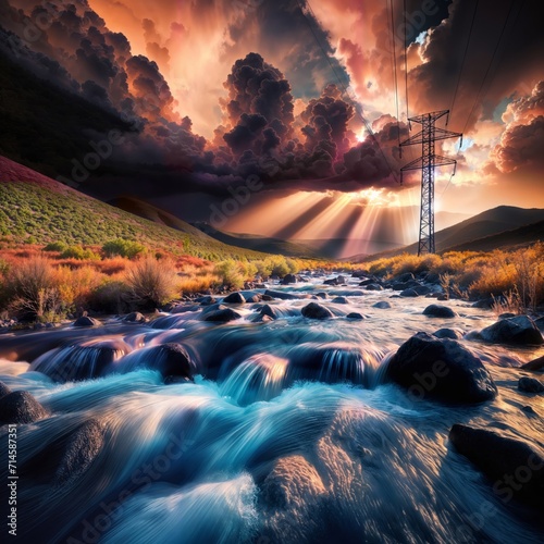 Power line in the middle of a mountain river. Dramatic sky. © VITALII