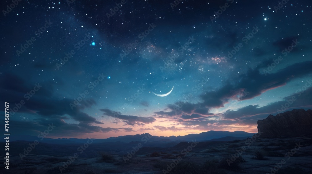  a night sky filled with stars and a crescent in the middle of the night with a mountain range in the foreground and a crescent in the middle of the sky.