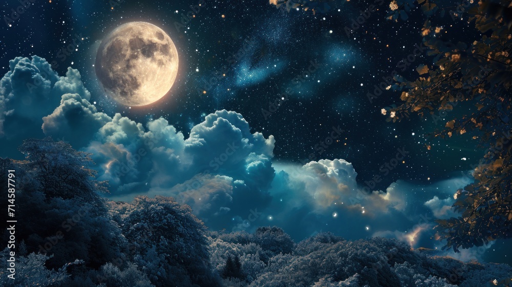 a night scene with a full moon in the sky with clouds and trees in the foreground and a full moon in the sky with clouds and stars in the background.