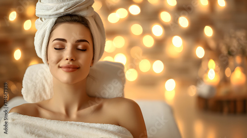 Beautiful girl enjoying relaxation and body care in spa bokeh background