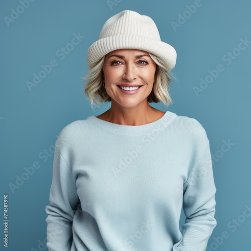 Happy middle aged woman in a beige winter hat and a blue sweater. Portrait of beautiful mature woman in a winter cap smiling on a blue background looking at camera. Cheerful caucasian woman in a hat.