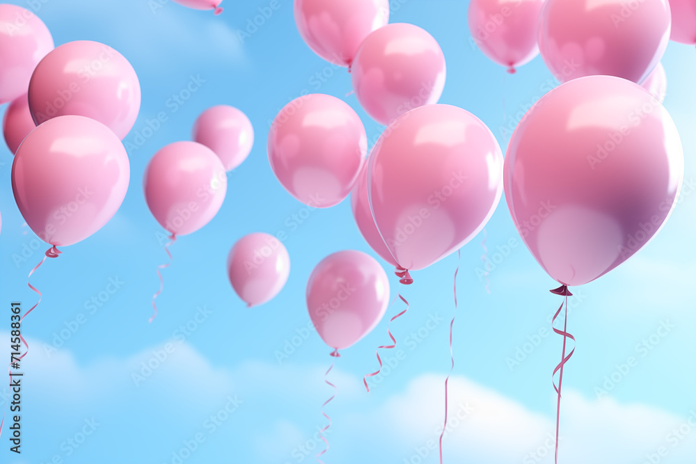 Pastel Celebration: 3D Render of Pink Balloons on Pastel Blue Background. Generative ai