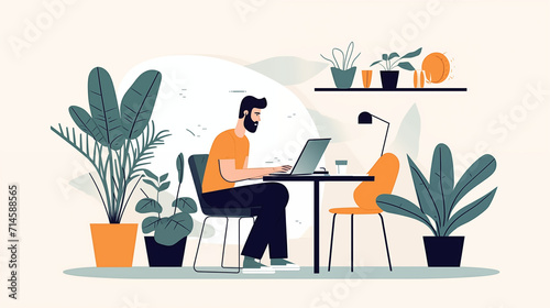 a vector flat style illustration of a man engaged in work or study on a laptop at home