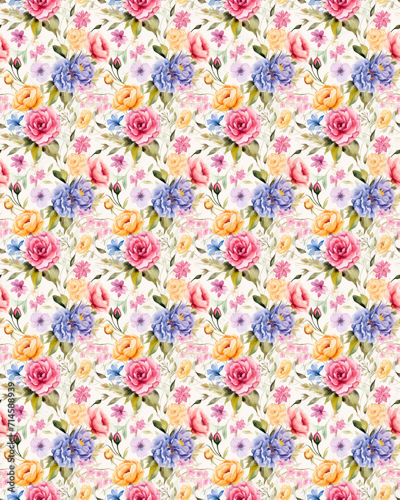 Multimotif flowers ornament Seamless pattern with watercolor flowers roses, repeat floral texture, vintage background. Perfectly for wrapping paper, wallpaper, fabric printed