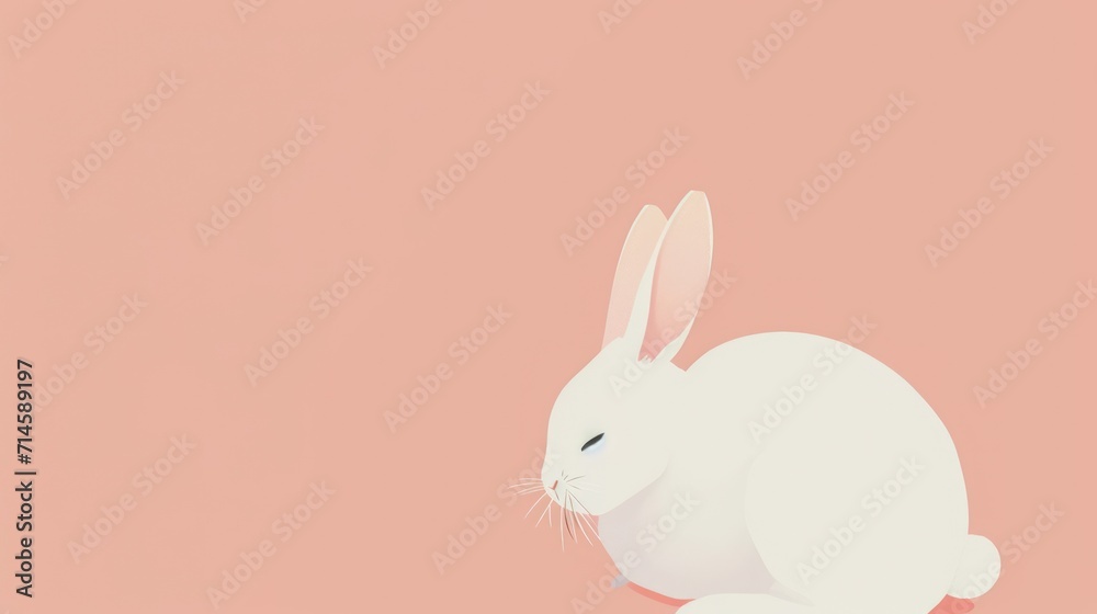 Fototapeta premium a white rabbit sitting on top of a pink floor next to a pink wall with a white rabbit sitting on top of a pink floor next to a pink wall.