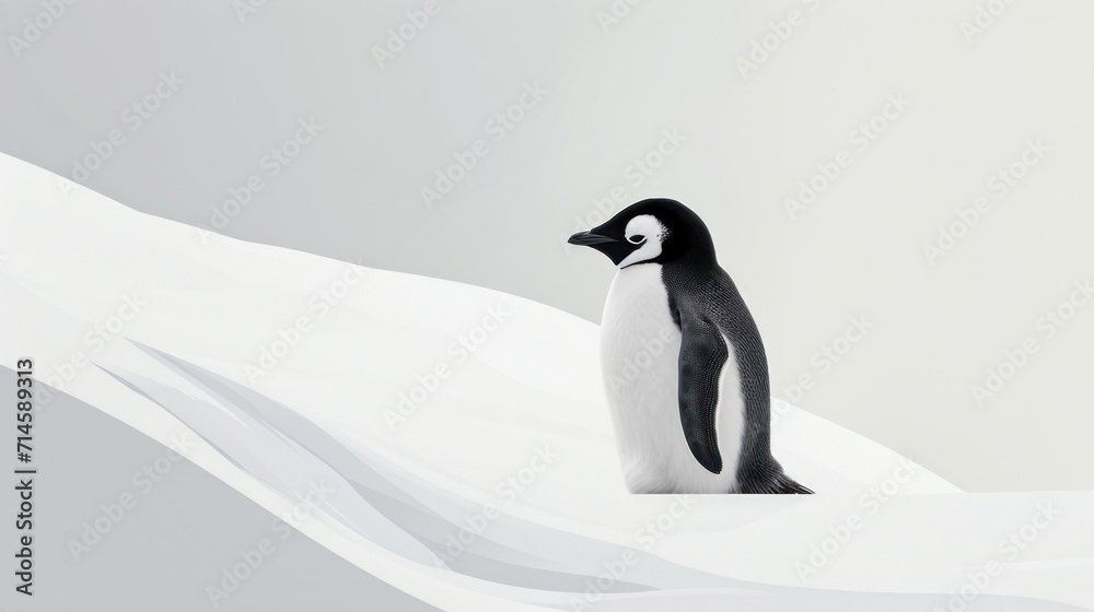 Obraz premium a black and white penguin standing on top of a snow covered hill with snow blowing in the wind and a gray sky in the background, with a white background.