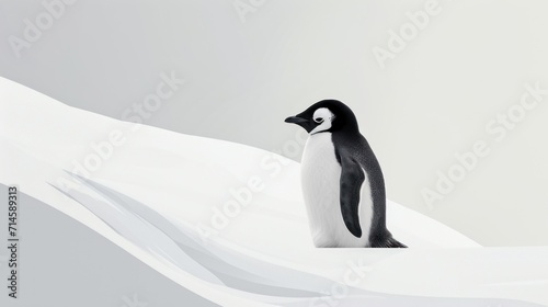  a black and white penguin standing on top of a snow covered hill with snow blowing in the wind and a gray sky in the background  with a white background.