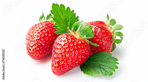 Three strawberries with strawberry leaf on white background. Ai Generative