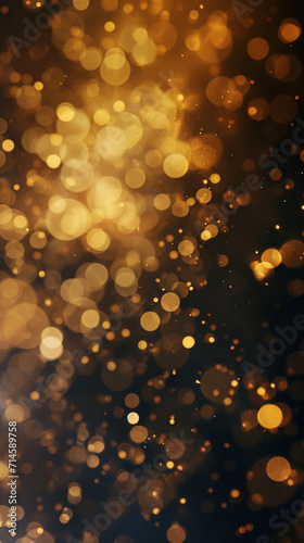 "Radiant Gold Glitter Bokeh Lights on Dark Background - Luxurious Sparkling Dust Particles for Festive Background"