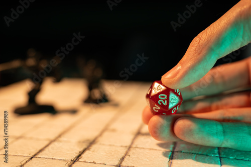 Canvas Print Playing a fantasy tabletop role-playing game with a D20 dice