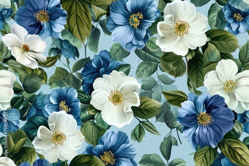 Pattern on blue background white flowers