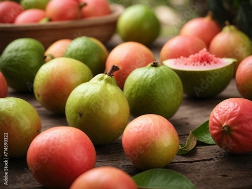 Fresh guava fruits with leaves on rustic wooden table background. fruit and vegetables