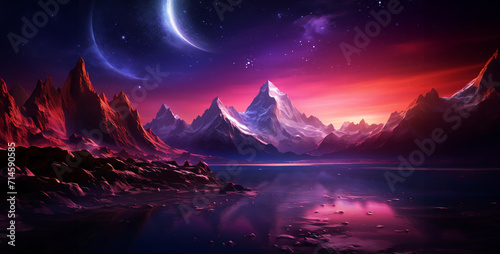 Fantasy landscape with mountains, lake and moon. Vector illustration.Fantasy alien planet. Mountain and lake. 3D illustration.Fantasy alien planet. Mountain and sky. 3D illustration. © Kashif Ali 72