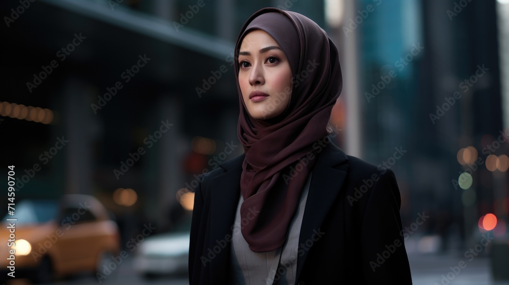 A muslim woman business leader with a hijab in a city. A muslim woman business leader with a hijab in a city.