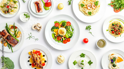 set of plates of food isolated on a white background, top view. Ai Generative