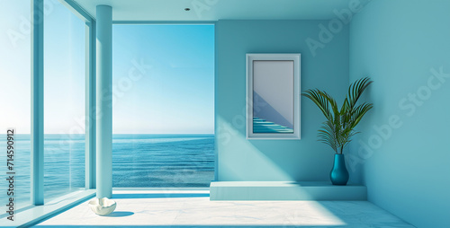 Interior of a modern living room with blue walls, a concrete floor and a large window overlooking the sea. 3d rendering © Kashif Ali 72