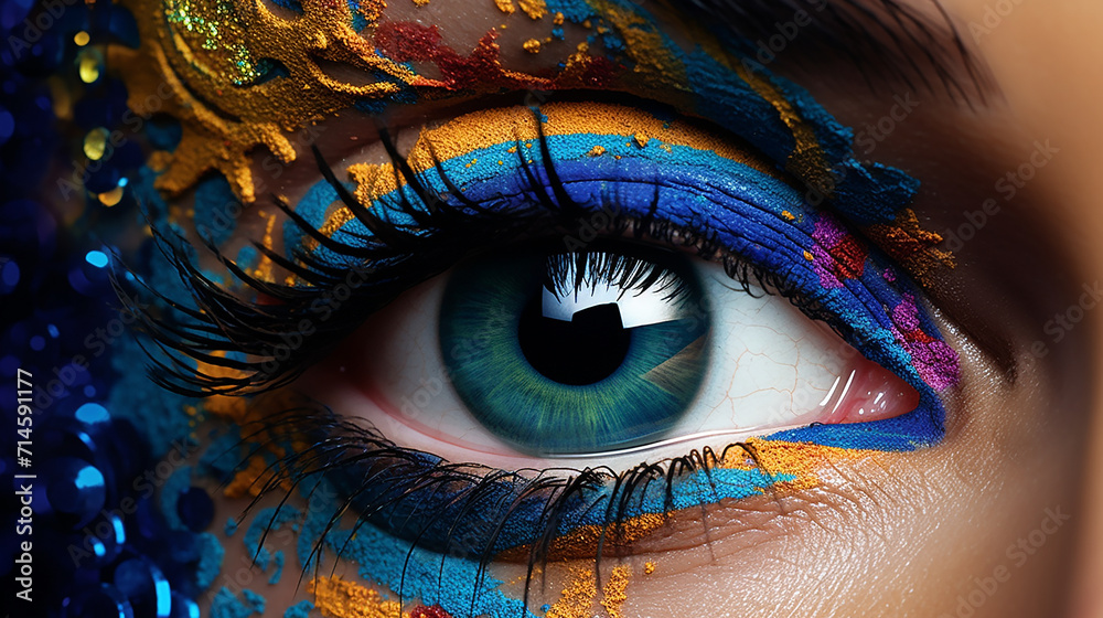 beauty and makeup concept with blue eye and colorful make up