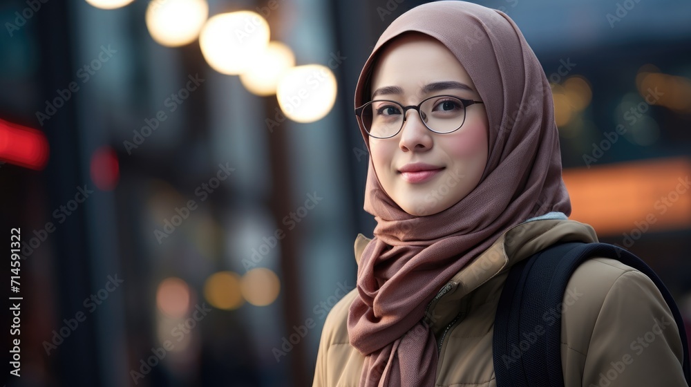 A muslim woman business leader with a hijab in a city. A muslim woman business leader with a hijab in a city.