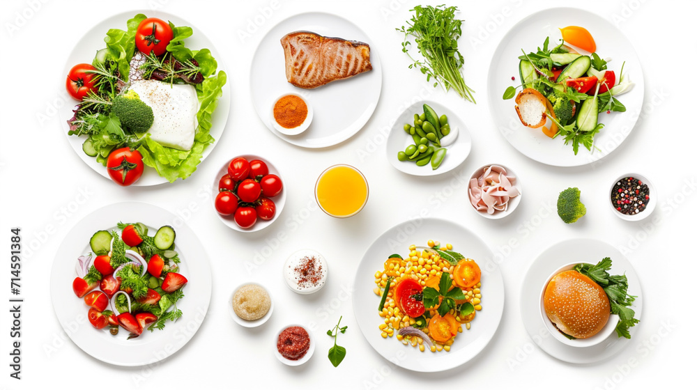 set of plates of food isolated. Ai Generative set of plates of food isolated. Ai Generative