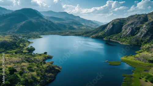  a body of water surrounded by mountains under a blue sky with a boat in the middle of the water and a few clouds in the sky over the top of the water.