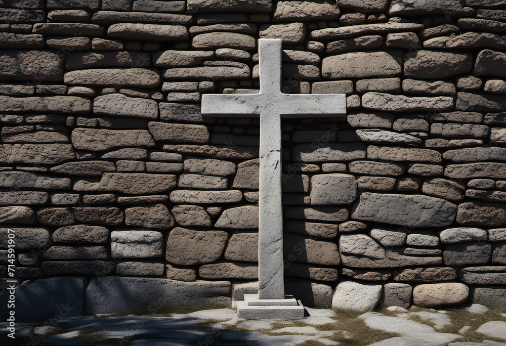 Christian stone cross on the stone. Holy cross symbolizing the death and resurrection of Jesus Christ.