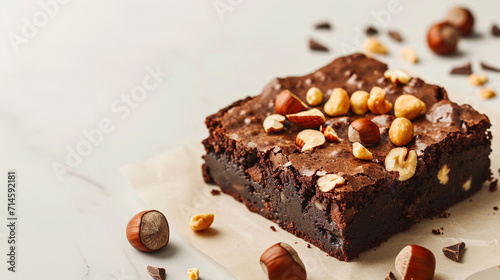 Raw chocolate brownies cake with hazelnuts on rustic wooden . Ai Generative