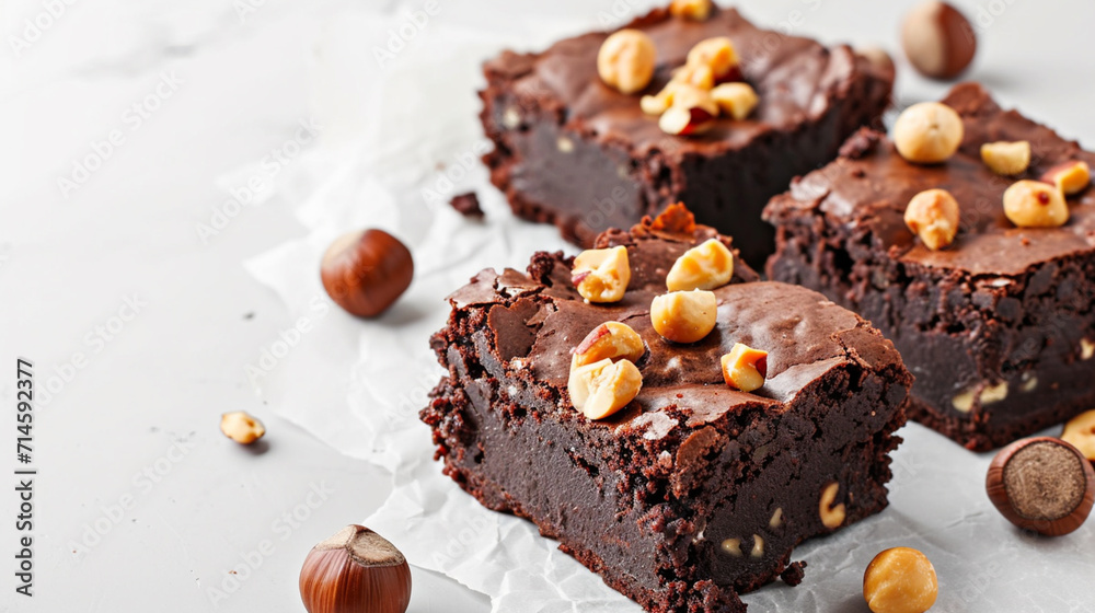Raw chocolate brownies cake with hazelnuts on rustic wooden . Ai Generative