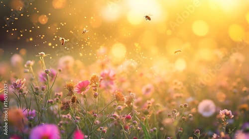 A field of flowers with honeybees busily collecting nectar, busy bees and blooming plants. #714592357