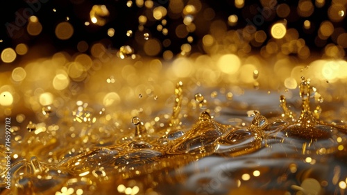 Gold drops on a dark background. Fragments of golden liquid