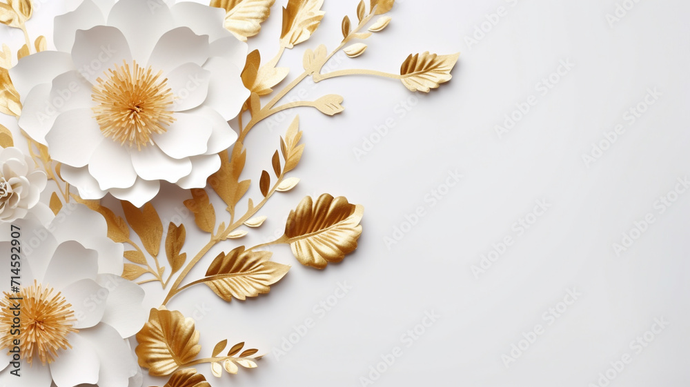 Paper cut flowers and leaves, Fresh spring nature background. Floral banner, poster, flyer template with copy space. Paper cut flowers and leaves, Fresh spring nature background. Floral banner, poster, flyer template with copy space.